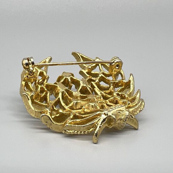 Vintage LISNER Laurel Wreath Brooch Pin Blue AB Rhinestone Gold Tone 60s Signed - Picture 8 of 15